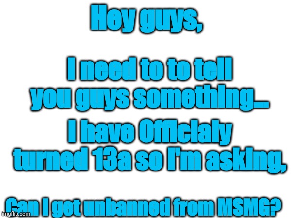 Please?!?!? | Hey guys, I need to to tell you guys something... I have Officialy turned 13a so I'm asking, Can I get unbanned from MSMG? | image tagged in please,msmg,fun | made w/ Imgflip meme maker