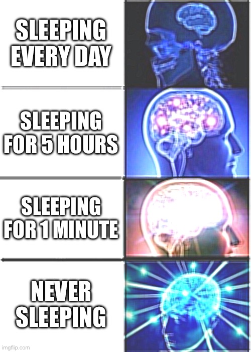 Expanding Brain Meme | SLEEPING EVERY DAY SLEEPING FOR 5 HOURS SLEEPING FOR 1 MINUTE NEVER SLEEPING | image tagged in memes,expanding brain | made w/ Imgflip meme maker
