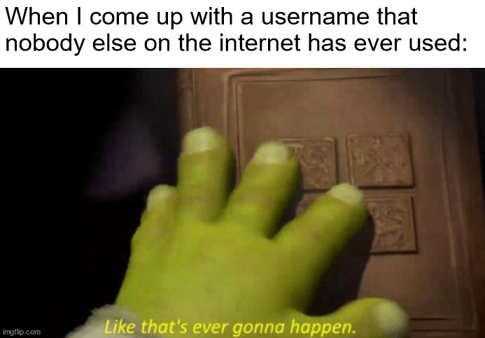 Like that's ever gonna happen. | When I come up with a username that nobody else on the internet has ever used: | image tagged in like that's ever gonna happen | made w/ Imgflip meme maker