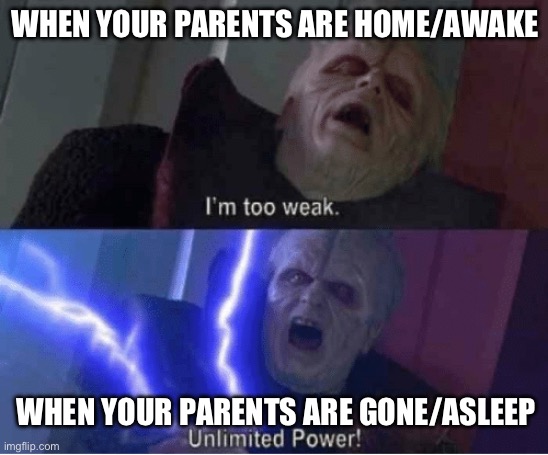 True dealing | WHEN YOUR PARENTS ARE HOME/AWAKE; WHEN YOUR PARENTS ARE GONE/ASLEEP | image tagged in too weak unlimited power | made w/ Imgflip meme maker
