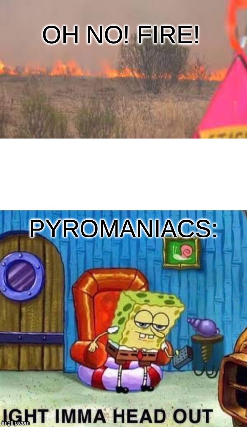 OH NO! FIRE! PYROMANIACS: | image tagged in memes,spongebob ight imma head out | made w/ Imgflip meme maker