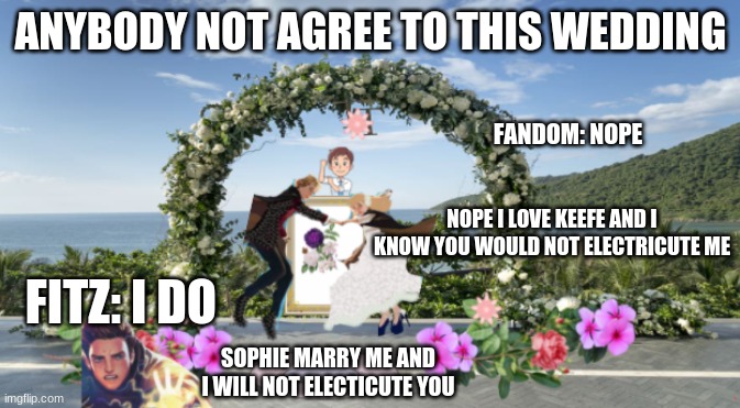 Kotlc keefes wedding | ANYBODY NOT AGREE TO THIS WEDDING; FANDOM: NOPE; NOPE I LOVE KEEFE AND I KNOW YOU WOULD NOT ELECTRICUTE ME; FITZ: I DO; SOPHIE MARRY ME AND I WILL NOT ELECTICUTE YOU | image tagged in kotlc keefes wedding | made w/ Imgflip meme maker