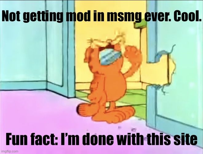 Garfield drywall | Not getting mod in msmg ever. Cool. Fun fact: I’m done with this site | image tagged in garfield drywall | made w/ Imgflip meme maker