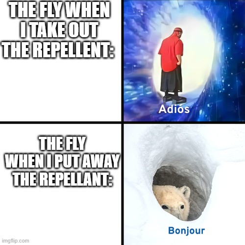 he vanished then unvanished | THE FLY WHEN I TAKE OUT THE REPELLENT:; THE FLY WHEN I PUT AWAY THE REPELLANT: | image tagged in adios bonjour,memes | made w/ Imgflip meme maker