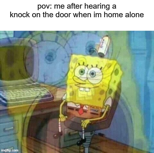 relatable? | pov: me after hearing a knock on the door when im home alone | image tagged in spongebob panic inside,memes | made w/ Imgflip meme maker