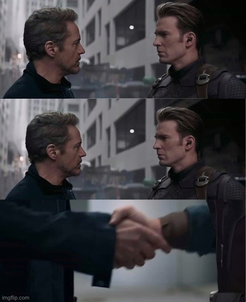 Tony and Steve handshake | image tagged in tony and steve handshake | made w/ Imgflip meme maker