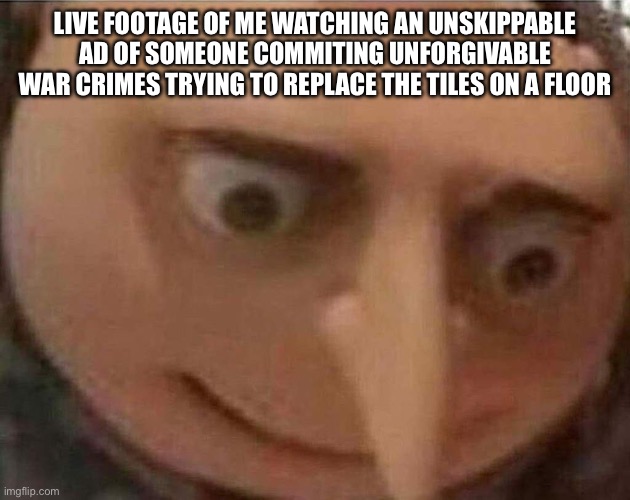 :l | LIVE FOOTAGE OF ME WATCHING AN UNSKIPPABLE AD OF SOMEONE COMMITING UNFORGIVABLE WAR CRIMES TRYING TO REPLACE THE TILES ON A FLOOR | image tagged in gru meme | made w/ Imgflip meme maker