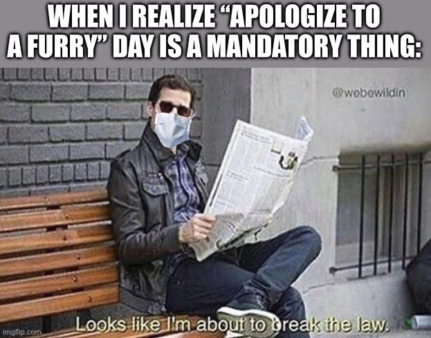 Imma break the law | WHEN I REALIZE “APOLOGIZE TO A FURRY” DAY IS A MANDATORY THING: | image tagged in looks like i'm about to break the law | made w/ Imgflip meme maker
