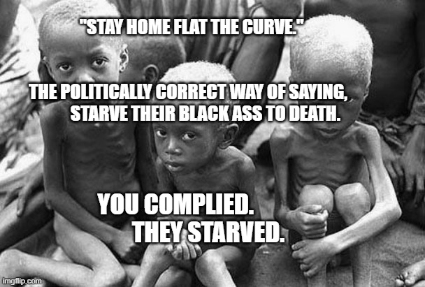 starving africans | "STAY HOME FLAT THE CURVE."                                                        
  THE POLITICALLY CORRECT WAY OF SAYING,             STARVE THEIR BLACK ASS TO DEATH. YOU COMPLIED.                THEY STARVED. | image tagged in starving africans | made w/ Imgflip meme maker