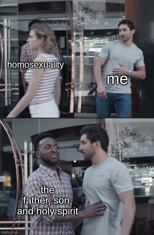 No gay sex!!!!!! | me; homosexuality; the father, son, and holy spirit | image tagged in black guy stopping | made w/ Imgflip meme maker