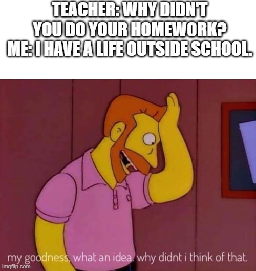 I got friends, a fam, an imaginary dog, and my video games teach. | TEACHER: WHY DIDN'T YOU DO YOUR HOMEWORK?
ME: I HAVE A LIFE OUTSIDE SCHOOL. | image tagged in my goodness what an idea why didn't i think of that | made w/ Imgflip meme maker