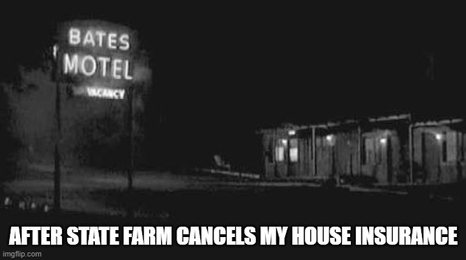 after state farm cancels my house insurance | AFTER STATE FARM CANCELS MY HOUSE INSURANCE | image tagged in norman bates | made w/ Imgflip meme maker