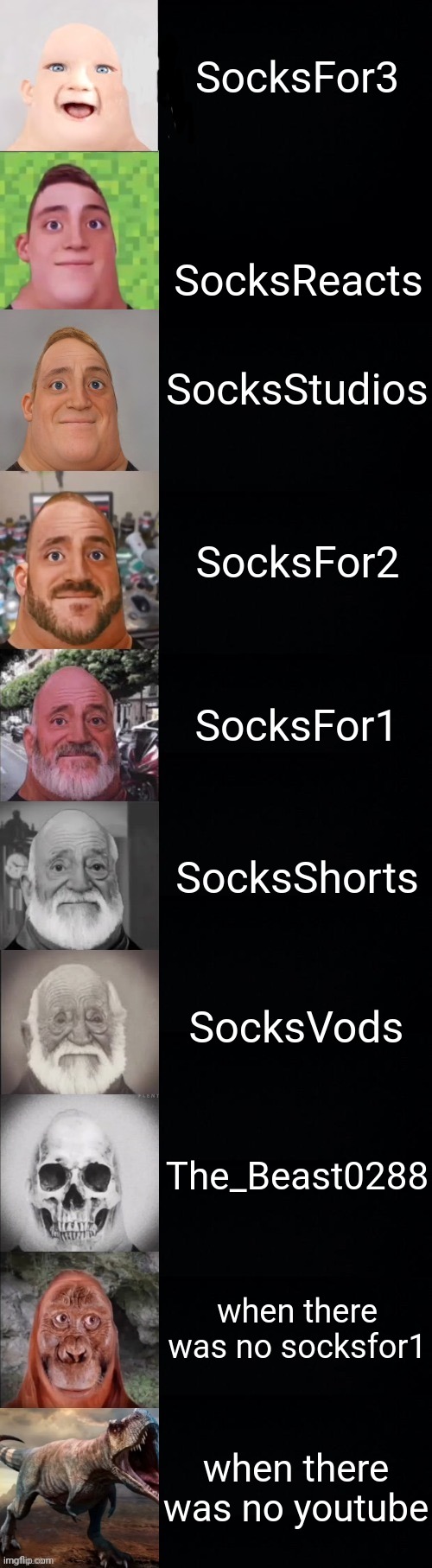 Anyone remember? | SocksFor3; SocksReacts; SocksStudios; SocksFor2; SocksFor1; SocksShorts; SocksVods; The_Beast0288; when there was no socksfor1; when there was no youtube | image tagged in mr incredible becoming old | made w/ Imgflip meme maker