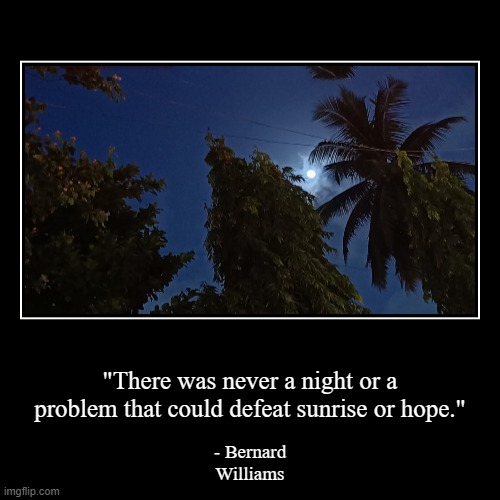 "There was never a night or a problem that could defeat sunrise or hope." | - Bernard Williams | image tagged in inspirational quote | made w/ Imgflip demotivational maker
