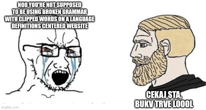 Soyjak vs Chad | NOO YOU'RE NOT SUPPOSED TO BE USING BROKEN GRAMMAR WITH CLIPPED WORDS ON A LANGUAGE DEFINITIONS CENTERED WEBSITE; CEKAJ STA, BUKV TRVE LOOOL | image tagged in soyjak vs chad | made w/ Imgflip meme maker