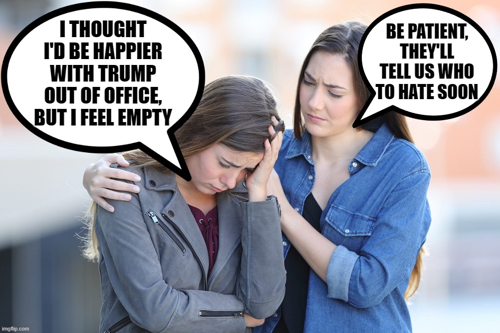 The sheeple need guidance.  Media, step it up, please. | I THOUGHT I'D BE HAPPIER WITH TRUMP OUT OF OFFICE, BUT I FEEL EMPTY; BE PATIENT, THEY'LL TELL US WHO TO HATE SOON | image tagged in liberal media,liberal hypocrisy,liberal logic,hollywood liberals,stupid liberals | made w/ Imgflip meme maker