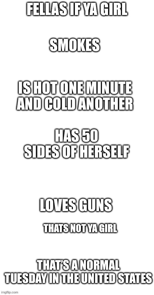 I ain’t wrong | SMOKES; IS HOT ONE MINUTE AND COLD ANOTHER; HAS 50 SIDES OF HERSELF; LOVES GUNS; THAT’S A NORMAL TUESDAY IN THE UNITED STATES | image tagged in fellas if your girl | made w/ Imgflip meme maker