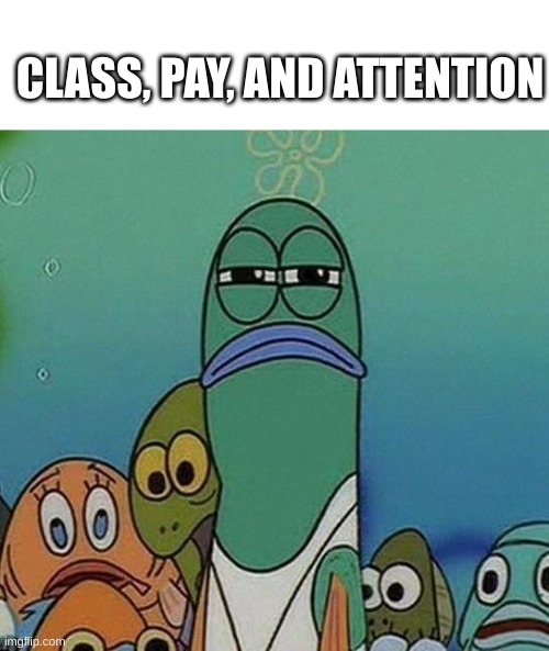SpongeBob | CLASS, PAY, AND ATTENTION | image tagged in spongebob | made w/ Imgflip meme maker