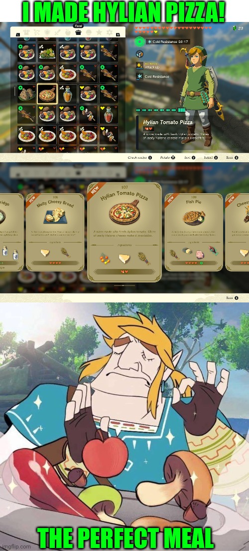 PIZZA IN ZELDA! | I MADE HYLIAN PIZZA! THE PERFECT MEAL | image tagged in blank white template,the legend of zelda breath of the wild,the legend of zelda,tears of the kingdom,nintendo switch | made w/ Imgflip meme maker