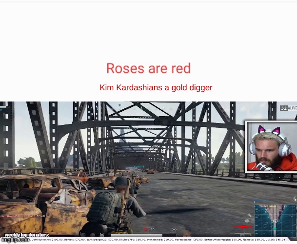 what a funking ni- | Kim Kardashians a gold digger | image tagged in offensive,bridge,pubg,pewdiepie | made w/ Imgflip meme maker