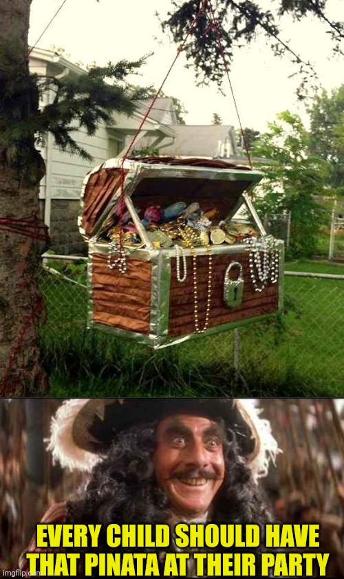 HOW IT'S FULL OF TREASURE | EVERY CHILD SHOULD HAVE THAT PINATA AT THEIR PARTY | image tagged in captain hook excited,pirates,captain hook,pirate,pinata | made w/ Imgflip meme maker
