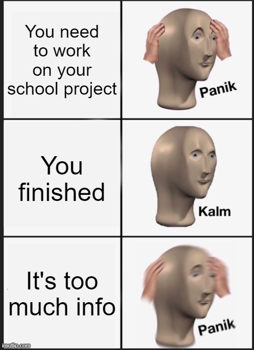 Panik Kalm Panik Meme | You need to work on your school project; You finished; It's too much info | image tagged in memes,panik kalm panik | made w/ Imgflip meme maker