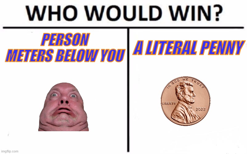 Who Would Win? Meme | PERSON METERS BELOW YOU; A LITERAL PENNY | image tagged in memes,who would win | made w/ Imgflip meme maker