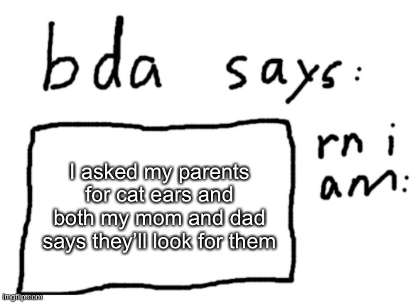 ^^ | I asked my parents for cat ears and both my mom and dad says they’ll look for them | image tagged in official badlydrawnaxolotl announcement temp | made w/ Imgflip meme maker