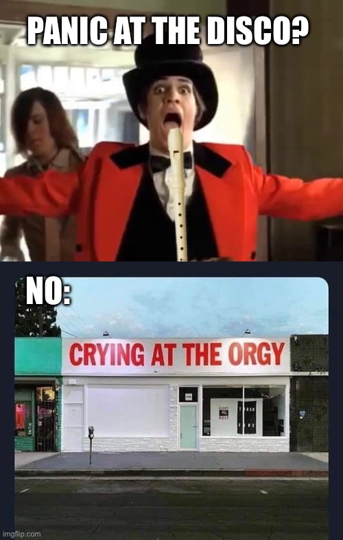Panic at the disco? | PANIC AT THE DISCO? NO: | image tagged in panic at the disco,orgy,crying,no | made w/ Imgflip meme maker