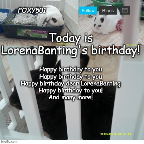 She is now 42 | Today is LorenaBanting's birthday! Happy birthday to you
Happy birthday to you
Happy birthday dear LorenaBanting
Happy birthday to you!
And many more! | image tagged in foxy501 announcement template,birthday | made w/ Imgflip meme maker
