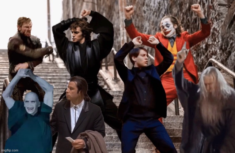 Joker,Peter Parker,Anakin and co dancing | image tagged in joker peter parker anakin and co dancing | made w/ Imgflip meme maker