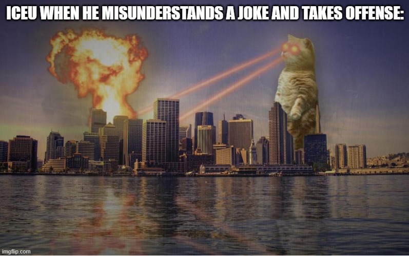 Cat Destroying city | ICEU WHEN HE MISUNDERSTANDS A JOKE AND TAKES OFFENSE: | image tagged in cat destroying city | made w/ Imgflip meme maker