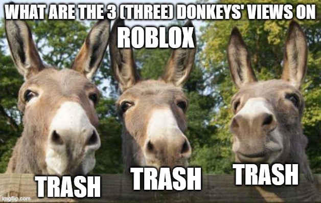 Roblox sucks | ROBLOX; TRASH; TRASH; TRASH | image tagged in what are the 3 three donkeys' views on x | made w/ Imgflip meme maker