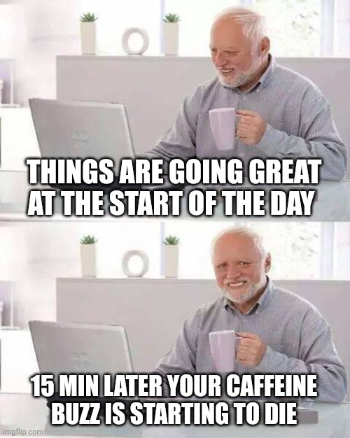 Work should be shorter | THINGS ARE GOING GREAT AT THE START OF THE DAY; 15 MIN LATER YOUR CAFFEINE BUZZ IS STARTING TO DIE | image tagged in memes,hide the pain harold,work | made w/ Imgflip meme maker