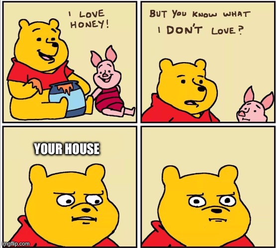 serious winnie the pooh | YOUR HOUSE | image tagged in serious winnie the pooh | made w/ Imgflip meme maker