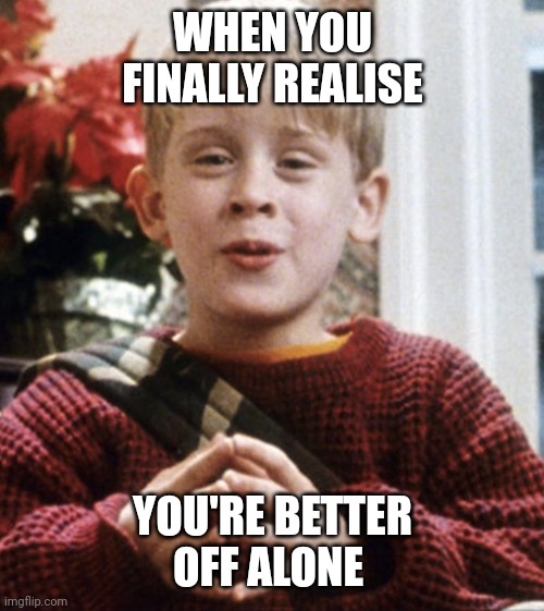Better off alone | WHEN YOU FINALLY REALISE; YOU'RE BETTER OFF ALONE | image tagged in kevin home alone | made w/ Imgflip meme maker