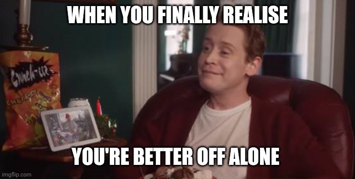 Better off alone (older) | WHEN YOU FINALLY REALISE; YOU'RE BETTER OFF ALONE | image tagged in macaulay culkin | made w/ Imgflip meme maker