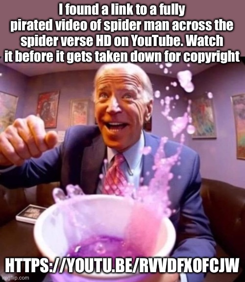 Lean biden | I found a link to a fully pirated video of spider man across the spider verse HD on YouTube. Watch it before it gets taken down for copyright; HTTPS://YOUTU.BE/RVVDFXOFCJW | image tagged in lean biden | made w/ Imgflip meme maker