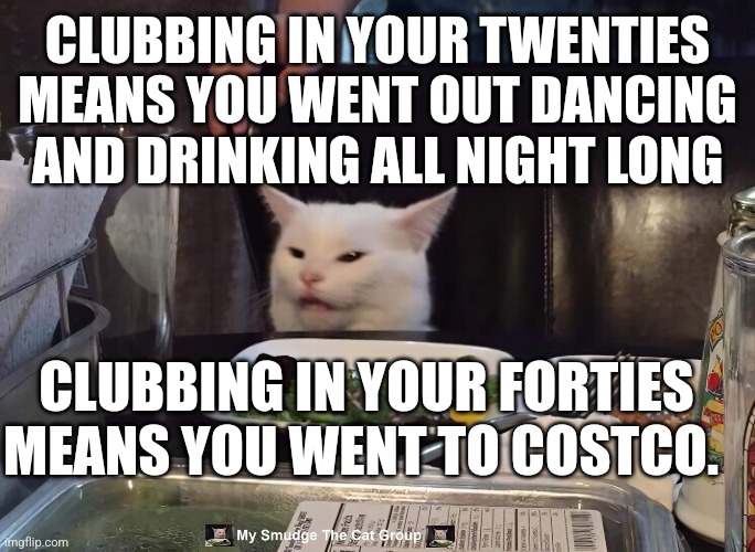 CLUBBING IN YOUR TWENTIES MEANS YOU WENT OUT DANCING AND DRINKING ALL NIGHT LONG; CLUBBING IN YOUR FORTIES MEANS YOU WENT TO COSTCO. | image tagged in smudge the cat | made w/ Imgflip meme maker