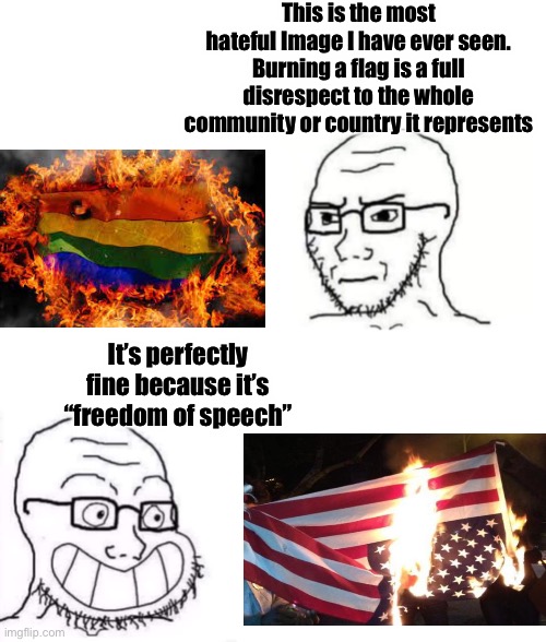 Hypocrite Neckbeard | This is the most hateful Image I have ever seen. Burning a flag is a full disrespect to the whole community or country it represents; It’s perfectly fine because it’s “freedom of speech” | image tagged in hypocrite neckbeard | made w/ Imgflip meme maker