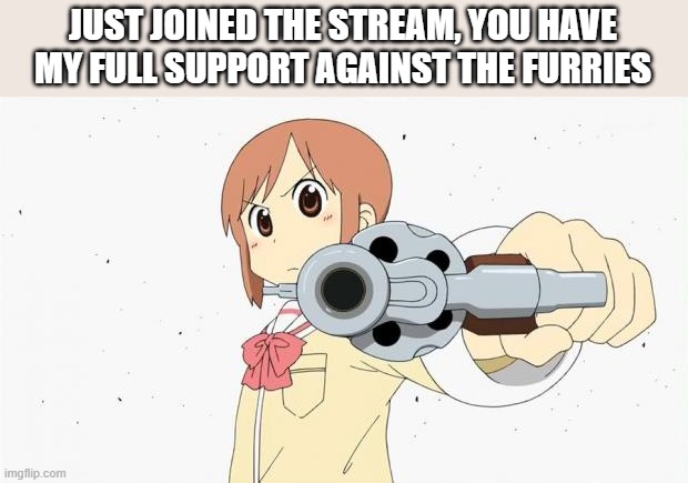 Anime gun point | JUST JOINED THE STREAM, YOU HAVE MY FULL SUPPORT AGAINST THE FURRIES | image tagged in anime gun point,anti furry,anime meme | made w/ Imgflip meme maker