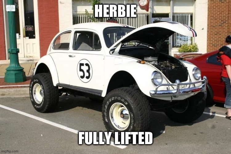 Herbie | HERBIE; FULLY LIFTED | image tagged in herbie,volksawgen,beetle,car,lifted | made w/ Imgflip meme maker