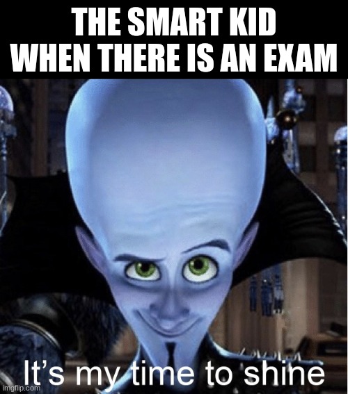Thats me | THE SMART KID WHEN THERE IS AN EXAM | image tagged in megamind it s my time to shine | made w/ Imgflip meme maker