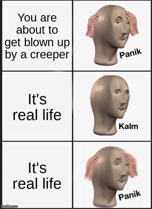Panik Kalm Panik | You are about to get blown up by a creeper; It's real life; It's real life | image tagged in memes,panik kalm panik | made w/ Imgflip meme maker