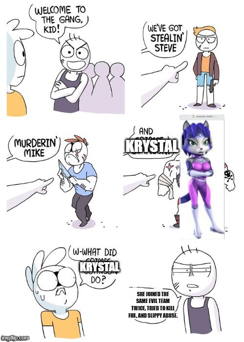 1 upvote= 1% more chance that krystal will get a visit from sans undertale. | KRYSTAL; KRYSTAL; SHE JOINED THE SAME EVIL TEAM TWICE, TRIED TO KILL FOX, AND SLIPPY ABUSE. | image tagged in crimes johnson,star fox | made w/ Imgflip meme maker