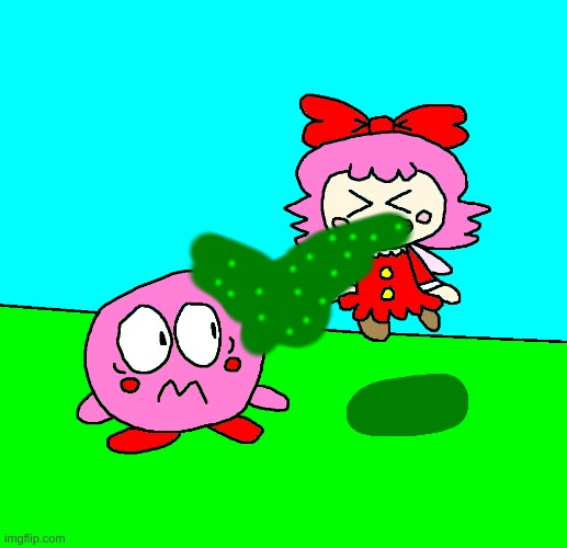 Ribbon vomits on Kirby (But it's even better) | image tagged in kirby,vomit,puke,cute,parody,fanart | made w/ Imgflip meme maker