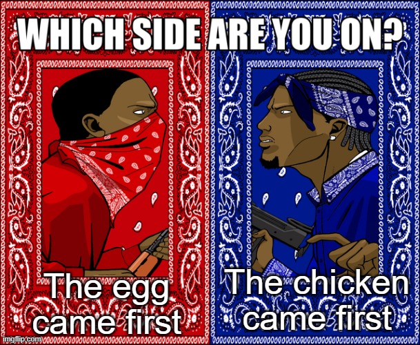 Which came first? | The egg came first; The chicken came first | image tagged in which side are you on,chicken,egg | made w/ Imgflip meme maker