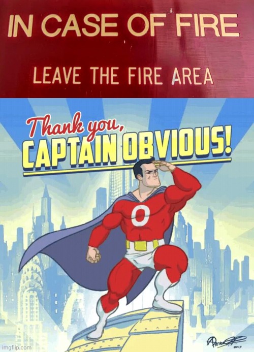 Obviously, leave the fire area | image tagged in thank you captain obvious,you had one job,fire,memes,in case of fire,captain obvious | made w/ Imgflip meme maker