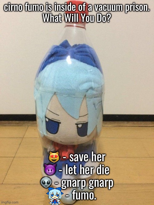 cirno fumo in bottle | cirno fumo is inside of a vacuum prison.

What Will You Do? 😻 - save her

😈 - let her die

👽 - gnarp gnarp

   - fumo. | image tagged in cirno fumo in bottle | made w/ Imgflip meme maker