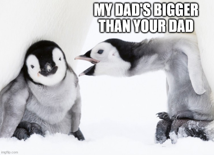 Penguin parent | MY DAD'S BIGGER THAN YOUR DAD | image tagged in penguin parent | made w/ Imgflip meme maker